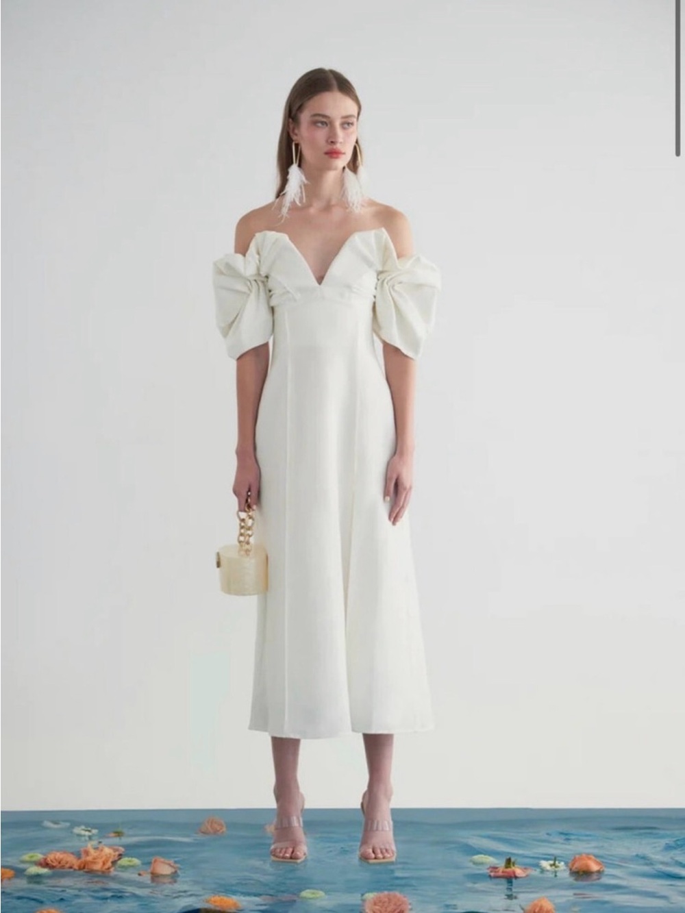 Cult Gaia Muna dress - Off-Shoulder Cream Midi Dress with Statement Puff Sleeve